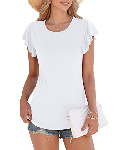 WNEEDU Camiseta para Mujer Verano Manga Corta Camisa Suelta con Cuello Redondo(Blanco,S)