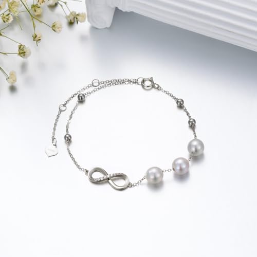 14kt Real Gold Infinty Bracelets for Women, Yellow Gold Freshwater Cultured Pearl Infinity Bracelet Jewelry Anniversary Birthday Gift for Her, Mom Wife Girlfriend 6"- 8" Gold Adjustable Chain3