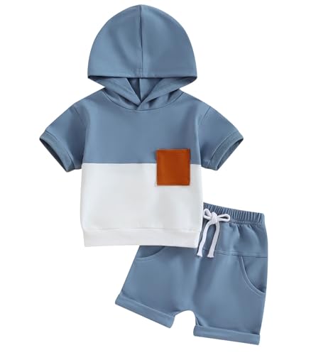 Image of Toddler Boys Summer 2pcs Clothes Sets Hooded Tank Top Striped Shorts Cute Newborn Baby Boy Coming Home Outfit (Blue A1, 3-6 Months)