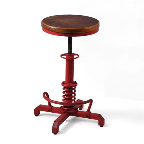 Butaco industrial retro vintage con asiento de madera, altura ajustable, color rojo anticuado