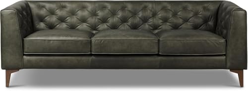 Image of Poly & BARK Essex 89 inch Full-Grain Italian Leather Sofa - Tufted Back, Feather-Down Comfort, Solid Wood Frame, Olivine Green