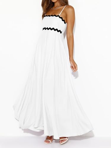 Image of PRETTYGARDEN Women Spaghetti Strap Boho Maxi Dresses Flowy | Sleeveless Smocked Long Dress, Striped Trim Flowy Dress Pockets, Elegant Square Neck Beach Sundress, Casual Summer Outfits