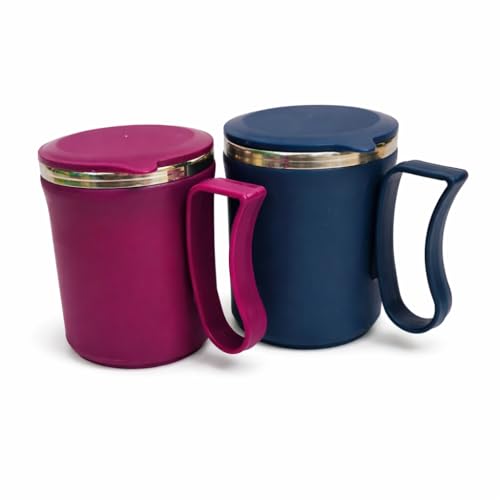 Image of Insulated Stainless Steel Coffee Mug with Lid, 300ml, Double Wall, Reusable Travel Mug for Home & Office (Purple - Navy Blue)