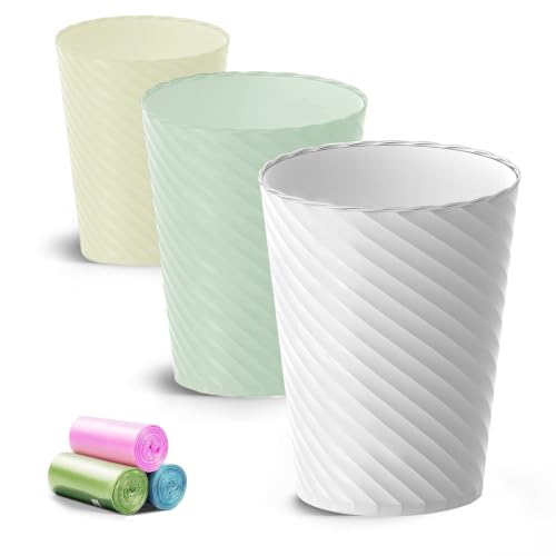 Image of Bathroom Trash Can, 3 Pack 1.8 Gallons Small Trash Can with Trash Bags, Bathroom Garbage Can, Plastic Trash Bin, Round Waste Basket for Living Room, Office, Compact Space (White & Mint & Apricot)