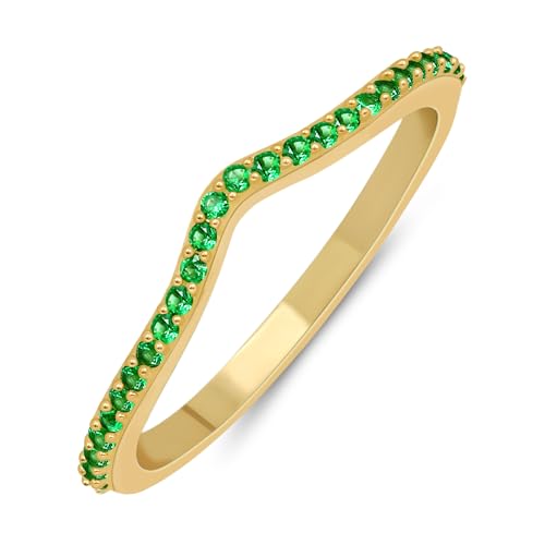 GOURIK 18K Yellow Gold Plated Wishbone Chevron Lab Created Emerald Ring For Women - Thin Eternity Band For Stacking - Light Weight Engagement Wedding Eternity Stackable Band Size 6