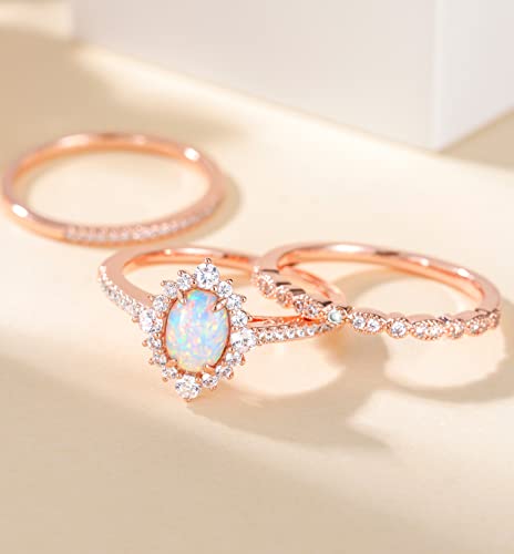 TIGRADE 1.5CT Oval Opal Bridal Ring Sets 3Pcs Rose Gold Stackable Rings Cubic Zirconia Engagement Halo CZ Wedding Band for Women Size 3-122