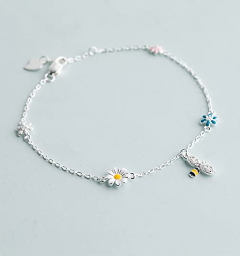 Cute Daisy Flowers Honeybee Sterling Silver Cubic Zirconia Bracelet - Silver with Colorful Crystals - 73 Inch Link Chain - Fine Jewelry - Female - Adult - Floral Collection 6