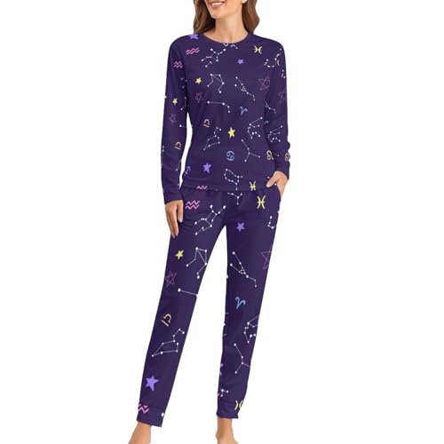 Pyjama femme constellation violette t-shirt manches longues pantalon sleepwear coton imprimé