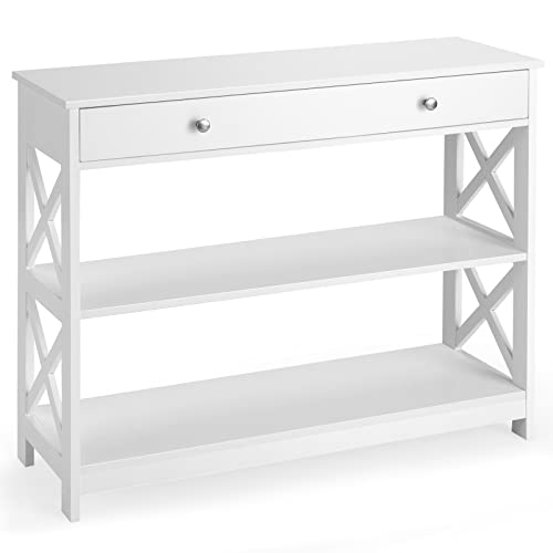 LIFEZEAL Table Console Extensible avec Tiroir et 2 Étagères de Rangement, Table d’Appoint Solide et Stable, Table d’Entrée 100 x 30 x 80 CM, Blanc...