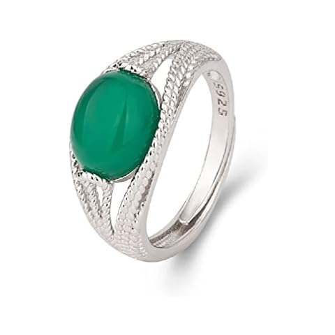 ZDIFDIC S925 Silver Oval Agate Stone Rings for Women Natural Onyx Stone Emerald Green Agate Green Chalcedony Jasper Ring Adjustable Rings Anniversary Birthday Wedding Gift Cover