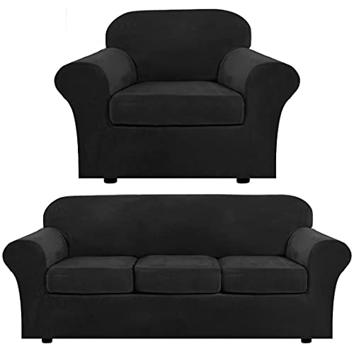 H.VERSAILTEX Velvet Plush Armchair Cover Bundles Sofa Cover for 3 Cushion Couch, Furniture Protector, Ultra Soft, Removable and Washable, Black