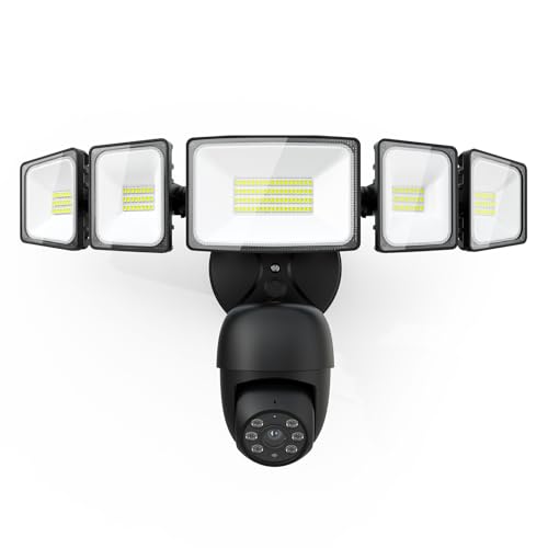 iMaihom Floodlight Camera Outdoor Wired, 2K QHD Security Cam with Motion-Activated 5 Heads Light, 5500LM Brightness, Built-in Siren, Color Night Vision, 2-Way Audio, Cloud/SD Storage, Black