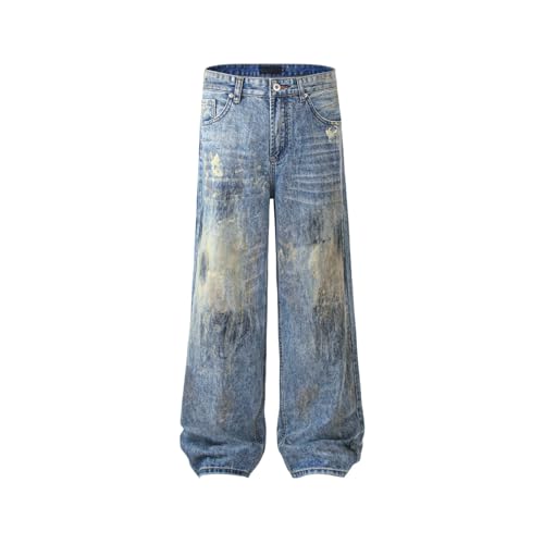 Jeans Pants Trouser Denim Retro Trendy Streetwear Spray Washed Blue Straight Leg for Men2