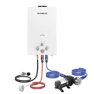 CAMPLUX Portable Propane Water Heater - 2.64GPM, 3.3GPM Pump & Pipe Strainer, 68,000 BTU for Camping & Off-Grid Cabins