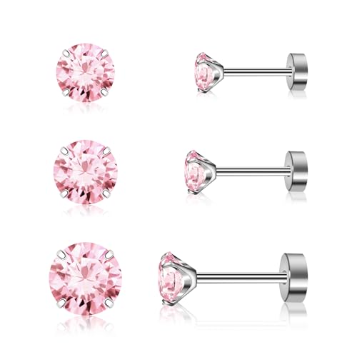 Artskin 3 paar titanium kubieke zirkonia oorknopjes voor vrouwen mannen CZ oorbel studs hypoallergene platte achterkant oorbellen zilveren meisjes oorbel studs set voor kraakbeen 3mm-5mm, 3mm+4mm+5mm