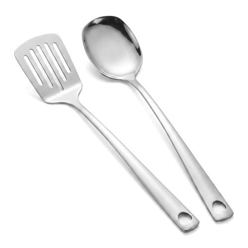 2 espátulas de acero inoxidable, espátula ranurada plateada, espátula de cocina robusta con alta resistencia al calor, espátula maciza, para panqueques, pescado y huevos, fácil de limpiar, apto para