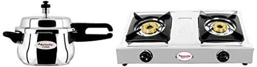 Butterfly Smart Stainless Steel 2 Burner Gas Stove, Manual Ignition, Sliver & Butterfly Curve Stainless Steel Outer Lid Pressure Cooker, 3 Litre