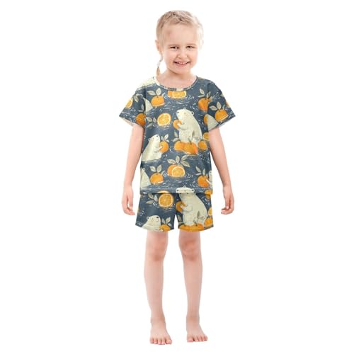 ALAZA Polar Bear Fruit Orange Pajamas Set Short Sleeve Cotton Sleepwear Summer Pjs 2 Piece 5-14Y3