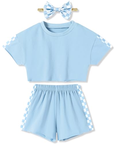 Image of SANMIO Toddler Girl Clothes Summer 3 Piece Outfits Cute | Short Sleeves Checkered Tops Shorts and Headband Girls Clothing Set