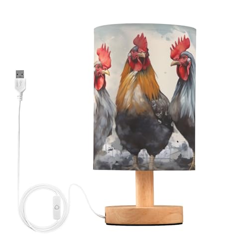 SDMKA Colorful Chicken Drawing Bedside Table Lamp for Bedroom, Minimalist Nightstand Lamp with Round Fabric Shade for Living Room, Office, No Bulb Required