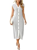 Simplee Womens Button Striped Summer Dress Casual Maxi Knit Work V Neck Sundress Light Party Cute Comfy Dresses with Pockets(Grey,Medium)