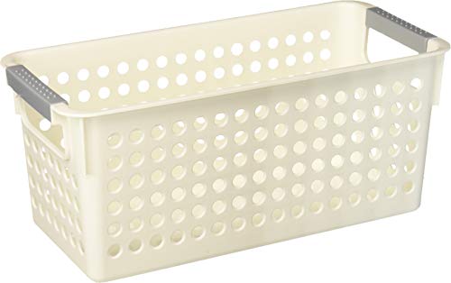Image of Basicwise Set of 3 White Rectangular Plastic Storage Basket with Easy-Grip Handles Ventilated Organizer Bin for Bathroom Pantry Closet Laundry Kitchen Shelf Countertop & Home Organization Essentials