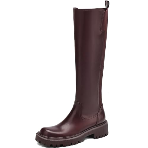 Image of TEAIEU Knee High Boots for Women, Platform Chunky Block Low Heel Tall Boots, Round Toe Side Zipper Fall Long Boots for Dress, Stretch Calf, Comfortable
