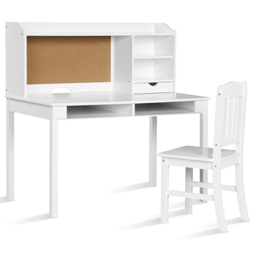 LIFEZEAL - Conjunto de Escritorio y Silla Infantil con Estantes de Almacenamiento y Mesa de Corcho, Juego de Mesa y Sillas de Madera Natural para Habitación Infantil (Blanco)