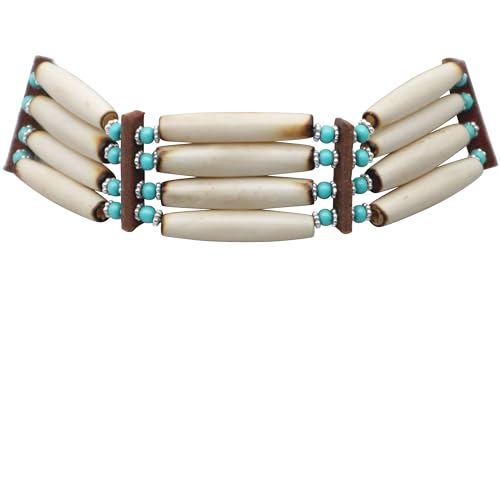outROAR Gear Native Style Bone Choker Necklace- Four Row American Indian Inspired Regalia - Rustic Beige with Blue/Brown Accents