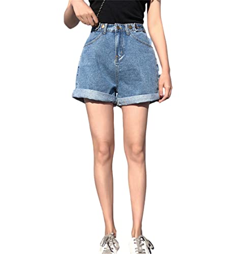 Short en jean femme bleu rétro taille haute coupe large vêtement été décontracté