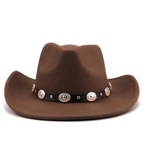 Image of DRESHOW Women Men Classic Felt Wide Brim Western Cowboy & Cowgirl Cap Belt Buckle Retro Panama Hat Unisex Rolled up Caps