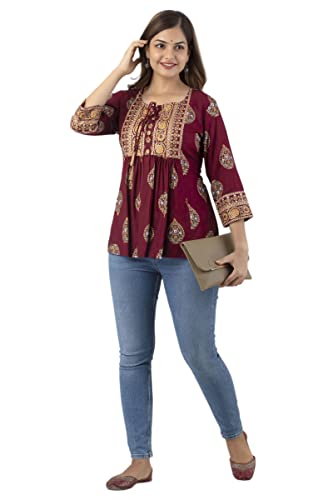 Image of DMP FASHION Women's Rayon Classic Printed Boota Top with Beautiful Tassels and Buttons at Front Black