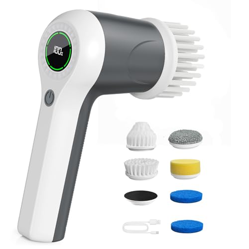 Image of PUFTEM Electric Spin Scrubber, Cordless Shower Scrubber with Battery Level Display, 2 Speeds Electric Scrubber for Cleaning with 6 Replaceable Heads, Cleaning Brush for Bathroom /Sink /Window (Gray)