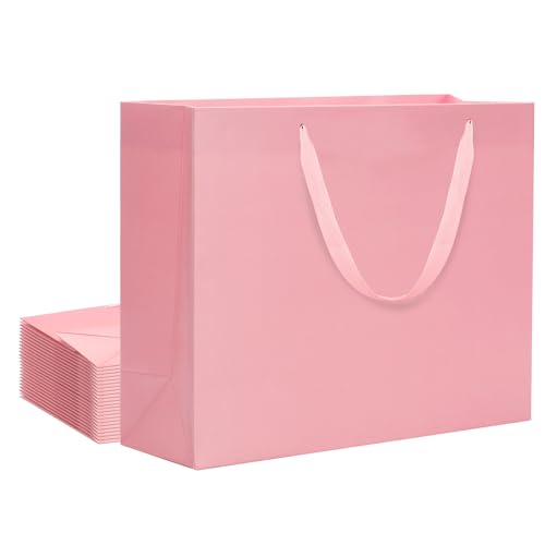 QIELSER 12 pcs Kraft Gift Bags Bulk Medium Size 10.5 x 3.2 x 8 Inches, Pink Kraft Paper Shopping Bags with Ribbon Handles, Party Favor Bags, Shopping Bags, Retail Bags, Wedding Bags