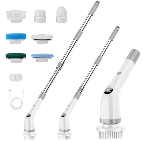 Elektrische Reinigungsbürste, 7 in 1 Putzbürste mit Verstellbarem Griff, Electric Cleaning Brush mit austauschbaren Bürstenköpfen,2 Speed mit langem Griff für Haushalt Fliesen, Wanne-IPX7