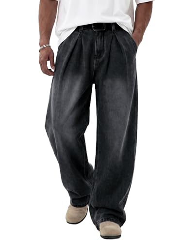 Areant Mens Baggy Jeans Wide Leg Hip Hop Loose Fit Jeans Relaxed Fit Elastic Waist Skate Streetwear Y2K Vintage Denim Pants Black X-Large