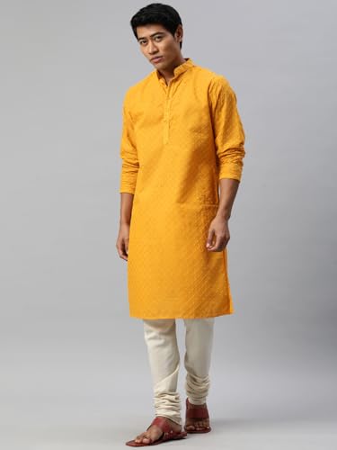 Image of Majestic Man Men's Cotton Blend Regular Fit Casual Polyester Mandarin Collar Ethnic Motifs Embroidered Long Regular Kurta
