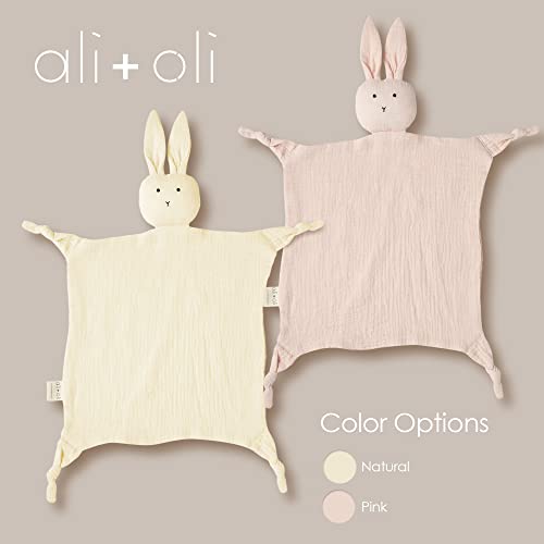 Image of Ali+Oli Cuddle Bunny Security Blanket - Soft & Breathable Muslin, Plush Baby Blanket for Girls & Boys, Pre-Washed Cotton, Bunny Theme (Beige)