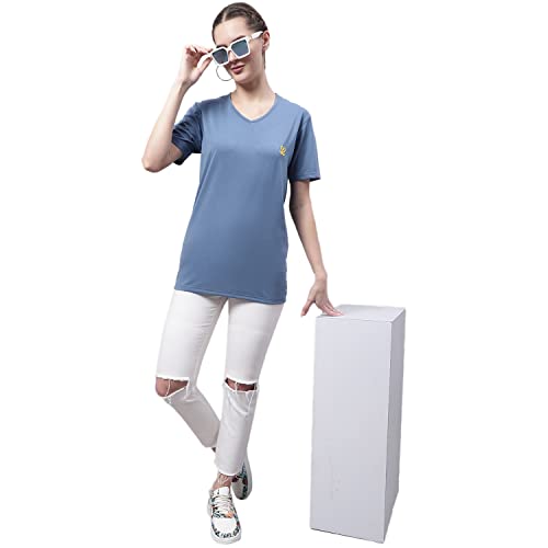 Image of Mack Jonney Women V Neck Cotton Solid Regular Fit T-Shirt-V Anthraa 001-P