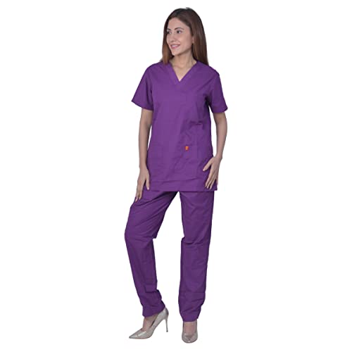Image of UNISEX V-NECK POLYESTER COTTON MEDICAL SCRUB SUIT FOR DOCTORS (TOP AND BOTTOM) TRIPLE NEEDLE STITCH TOP WITH CHEST POCKET, PURPLE, 40-L.