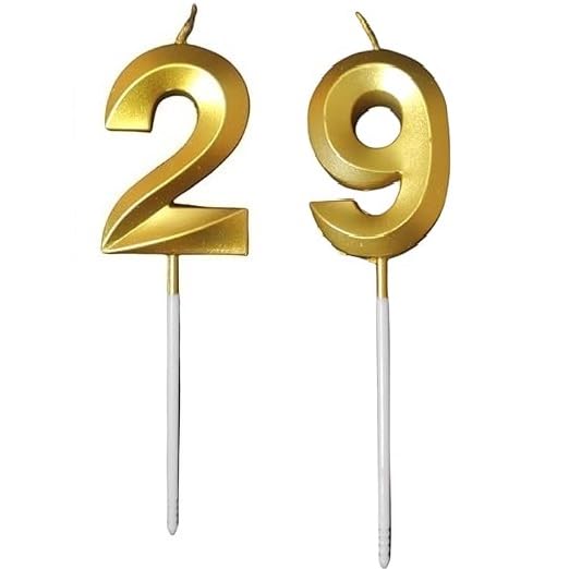 Image of ToyUniverse Number 29 Metallic Gold Candle for Twenty Ninth Birthday, Anniversary, Surprise Party Cake Decoration (Pack of 2)