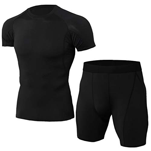 Men's Sports Compression Fast Drying Elastic Fitness T-Shirt Tops+Short Pants Sports Tight Suit Beautyfine Black Men's Sports Compression Fast Drying Elastic Fitness T-Shirt Tops+Short Pants Sports Tight Suit Beautyfine Black