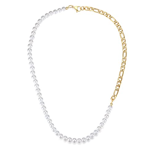 GAVU 18K Gold Plated Chain Mens Figaro Chain Shell Pearl Beaded Necklace