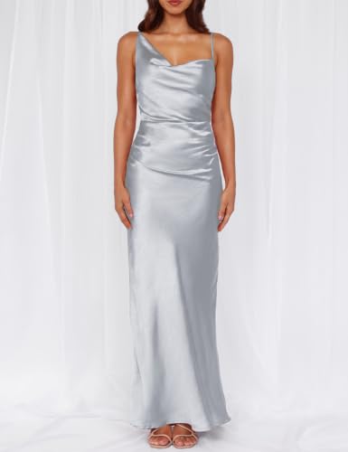 Image of Formal Satin Silk Spaghetti Strap Maxi Dresses for Women Wedding Guest