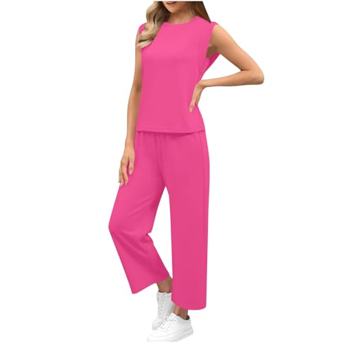 Sinzelimin Women's Pajamas Set Fashion Solid Color Sleeveless Crewneck Tank Tops Loose Comfy Crop Sweatpant Two Piece Suit Hot Pink Large