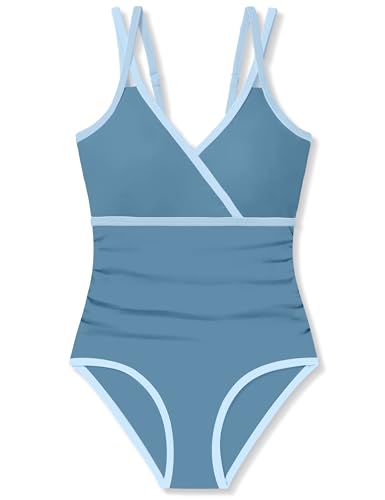Image of BAVADER Girls Swimsuit One Piece Modest Girls Bathing Suit Solid Square Neck Ruched Adjustable Straps Padded Swimwear 9-16y