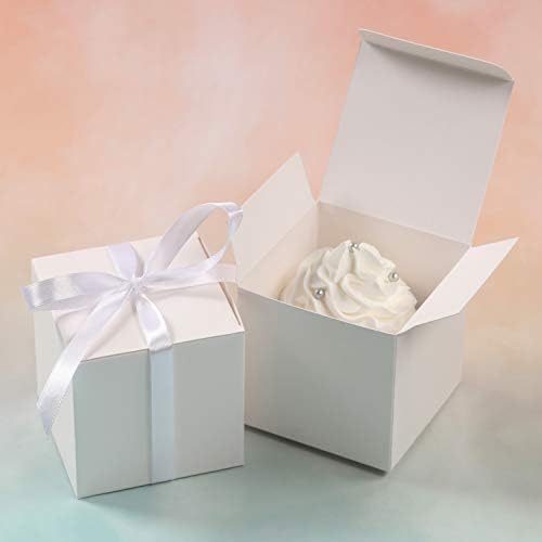 COTOPHER 100pcs Wedding Favor Boxes, Paper Gift Boxes 3x3x3 Inches Small Gift Boxes with Ribbons Small Boxes for Gifts, Crafting, Cupcake, Candy, Bridesmaid Proposal Boxes,Easy Assemble Boxes (White) - 3