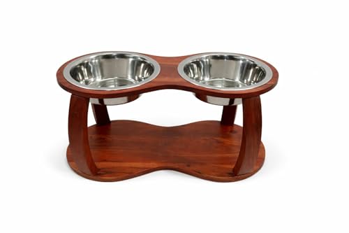Image of Pure Souls Skye Pet Feeder, Natural Acacia Wood Feeders Stand, Elevated Dog Bowls, Food Water Diner, Durable Double Bowl Feeding Stands for Dogs - Large