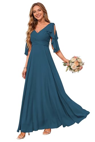 Image of Peacock Bridesmaid Dress for Women 2026 with Sleeves V Neck Chiffon Long Pleated A Line Formal Evening Gown for Wedding US14