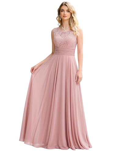 BABYONLINE D.R.E.S.S. Robe de soirée Longue Rose sans Manches, Robe de Demoiselle d'honneur en Dentelle et Mousseline pour Mariage, Cocktail et cérémonie 34